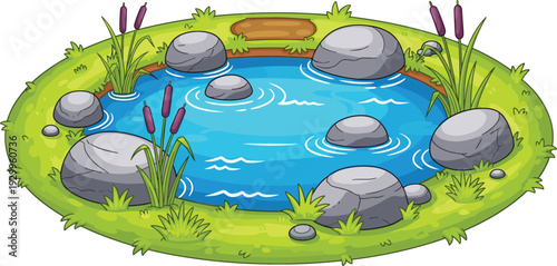 Cartoon pond landscape with rocks, reeds, water ripples, grassy bank, natural garden scene, freshwater ecosystem illustration, decorative outdoor nature element isolated on background
