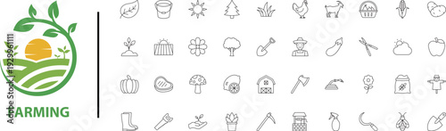 Professional farming brand identity layout featuring a colorful sun and fields logo alongside 45 minimalist line icons representing agricultural tools, livestock, and nature.