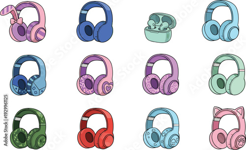 Colorful headphones collection with wireless earbuds cute gaming headset designs modern audio devices illustration set isolated on white  technology lifestyle concept