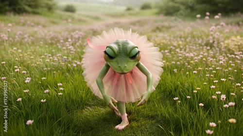 Whimsical creature with fluffy pink fur and exaggerated facial features standing in a lush green meadow filled with small wildflowers during daytime
