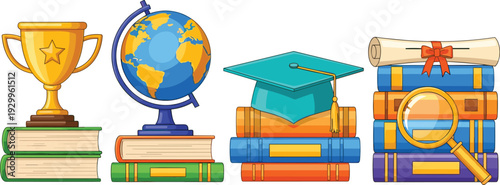Education and learning concept illustration with books, globe, graduation cap, diplom magnifying glass, academic success, knowledge growth, school study elements isolated on white background