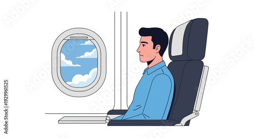 A male passenger wearing a blue shirt sits in an airplane seat next to a cabin window showing white clouds and blue sky.