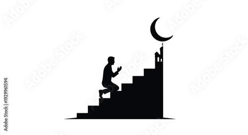 ramadan silhouette muslim man praying on stairs to crescent moon