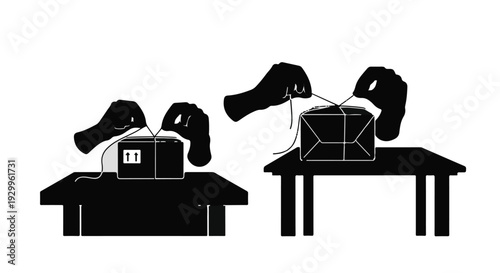 black silhouette illustration of dog sitting on table with parcel