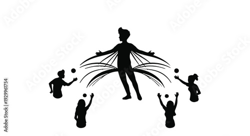 silhouette of woman with kids playing balls
