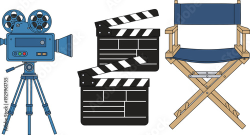 Film production equipment set with vintage movie camera, clapperboard and director chair, cinema industry tools illustration for filmmaking, video production, and entert