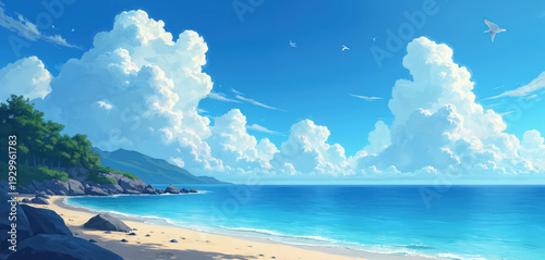 Ocean beach with calm blue sea and white fluffy clouds. Rich green trees grow on rocky shore under clear summer sky. Birds fly over tranquil water.