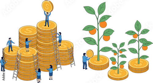 Financial growth concept illustration with people stacking coins and nurturing money trees, investment savings strategy, business profit increase, wealth accumulation vector isolated background