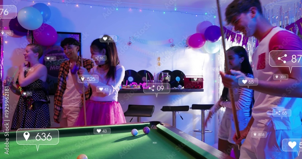 Fototapeta premium Playing seven friends in party clothes leaning over pool table at lounge, with cue and overlays