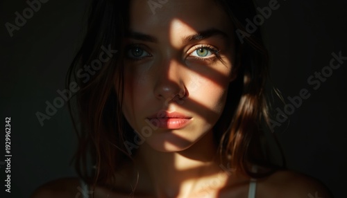 Young woman portrait with dramatic light and shadow play. Her face shows a thoughtful, serene expression. Natural beauty highlighted by soft, low light.