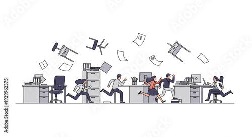 Five office employees run across a workspace while chairs and papers fly through the air in a chaotic line art scene.