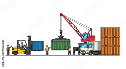 Logistics workers in safety vests and hard hats operate a forklift and a crane to move containers at a cargo terminal.