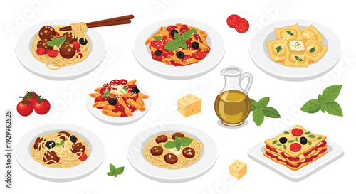 A diverse collection of Italian pasta dishes including lasagna and ravioli are arranged on white plates with basil.