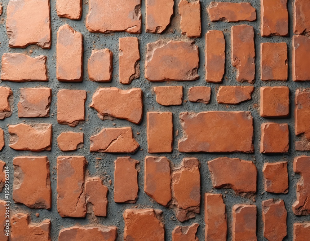 Fototapeta premium Terracotta mosaic tile pattern with rough texture and irregular shapes. Old brick fragments form a rustic background for interior or exterior decor projects. Natural aged surface detail.
