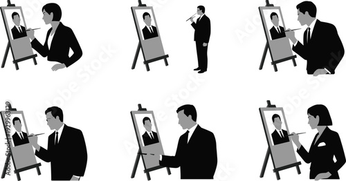 WebBusiness professionals and artists in suits painting portraits on easels, creative corporate leadership, professional artistic development and career growth concept.