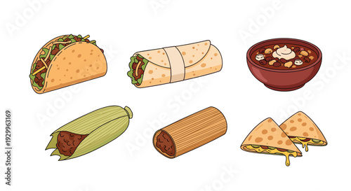 Six various Mexican food items including a taco and a tamale are arranged in two rows against a white background.