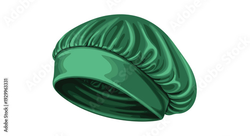 A single emerald green satin sleep bonnet with a wide elastic band and pleated fabric texture is positioned against a plain white background.