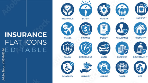 WebInsurance icon set, flat vector symbols for health, life, car, home, travel, and business protection, professional blue editable safety graphics.