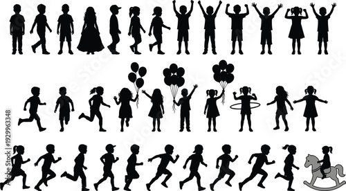 Diverse Group of Joyful Children Silhouettes Playing Happily, Celebrating Childhood Moments, Vector Illustration Collection for School, Playtime, and Educational Projects