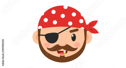 Pirate illustration, vector style graphic, cartoon character with eye patch, red bandana, gold tooth, for design