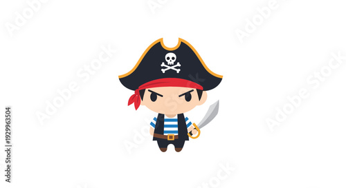 Pirate illustration, vector style graphic, cartoon character with a sword, isolated design for kids