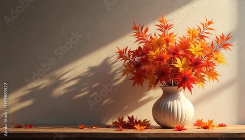 Autumn foliage in vibrant red and yellow hues arranged in white vase on wooden table. Scattered maple leaves and soft sunlight create warm, cozy atmosphere. Shadows dance across textured wall.