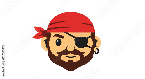 Pirate illustration, vector style graphic, eye patch, red bandana, cartoon character, adventure theme