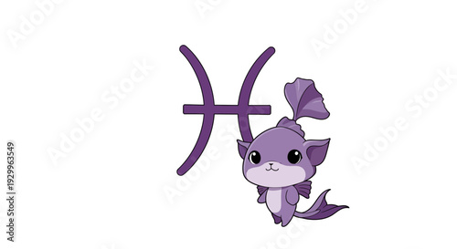 Pisces Zodiac Sign Vector Illustration, Cartoon Fish, Astrology Concept, Horoscope Design