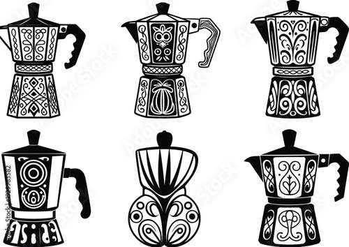 WebSet of decorative moka pot silhouettes, ornate Italian coffee maker icons, vintage espresso pot vectors with intricate patterns, caffeine theme.