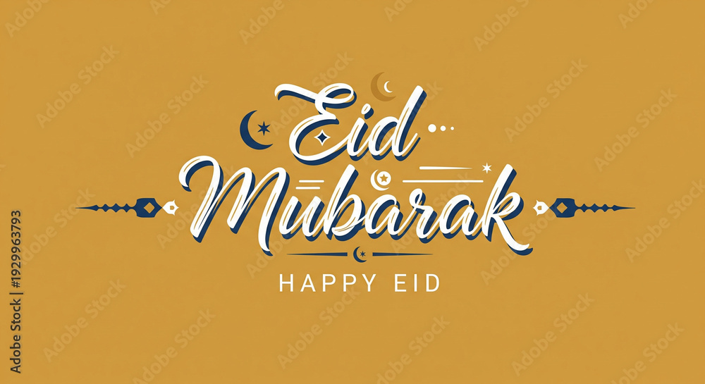 Fototapeta premium Celebratory Eid Mubarak greeting card with festive typography and ornate decorations on a vibrant golden background viewed directly
