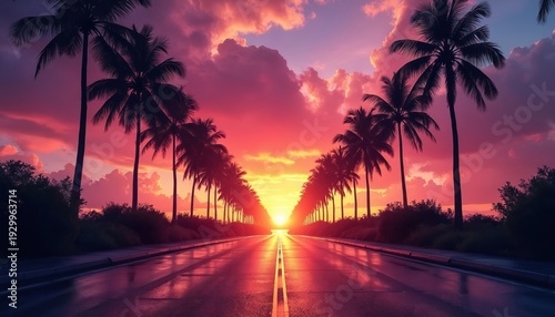 Road lined with palm trees leads to sunset. Vivid pink orange sky with clouds over asphalt. Tropical paradise horizon creates dreamlike ambiance.