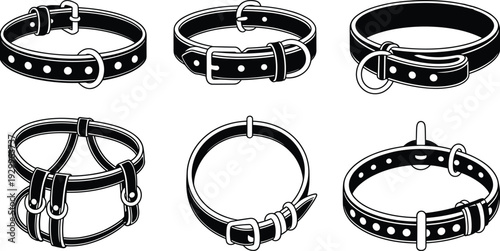 WebSet of Pet Collar and Harness Vector Illustrations Featuring Leather Dog Collars with Metal Buckles and D-Rings for Animal Accessories