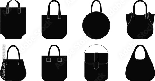 WebSet of tote bag silhouettes, fashion handbag icons, reusable shopping bags, eco friendly lifestyle accessories, fabric grocery bag, shoulder bag vectors.
