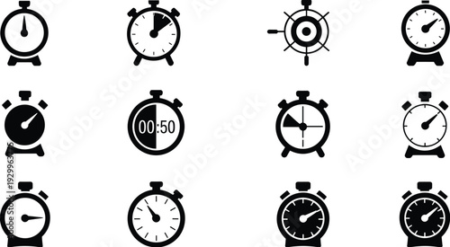 WebSet of stopwatch icons showing different time intervals and countdowns, timer silhouette symbols for productivity, deadline, and speed measurement