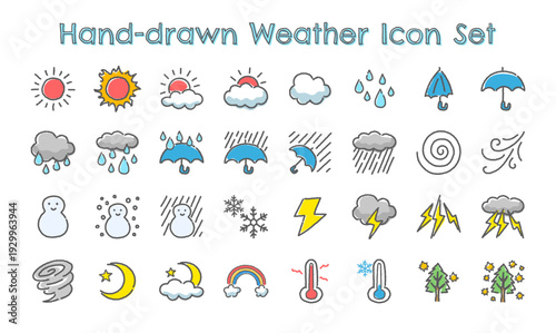 手描き風 天気アイコンセット カラー｜シンプルフラットベクター素材｜Hand-drawn Weather Icon Set