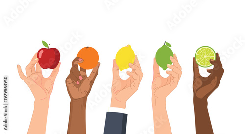 Five diverse human hands with different skin tones are raised vertically each grasping a fruit such as a red apple or lemon on a white background.