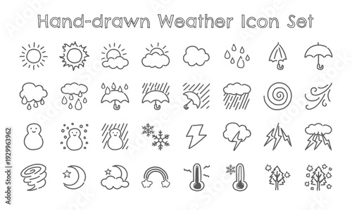 手描き風 天気アイコンセット モノクロ線画｜シンプルベクター素材｜Hand-drawn Weather Icons Outline
