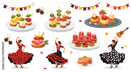 Three flamenco dancers in traditional dresses are surrounded by plates of tapas and musical instruments like a guitar on a white background.