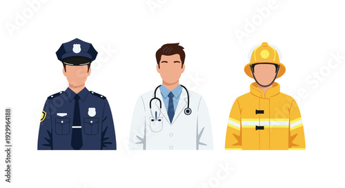 Three male professionals representing a police officer a doctor and a firefighter are shown in a bust up portrait style on a white background.
