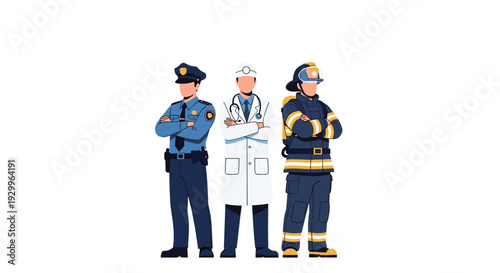 A policeman a doctor and a firefighter are standing in full body poses with their arms crossed wearing their professional uniforms on white.