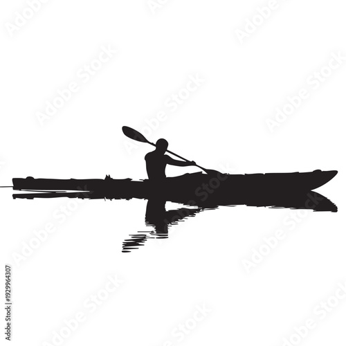 Silhouette of a kayaker paddling in a canoe with a single oar in calm water with dark reflections in minimalist black and white illustration for outdoor adventure