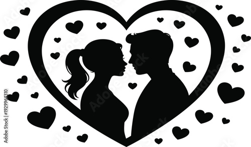 Black silhouette of a couple facing each other in a heart shape with smaller hearts around