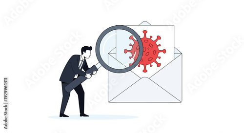 A businessman in a dark suit uses a large magnifying glass to examine a red virus icon appearing on a white envelope.