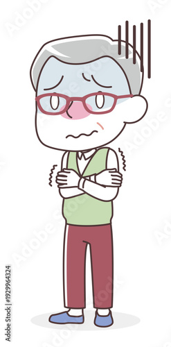 悪寒で震えるシニア男性（寒気・風邪）