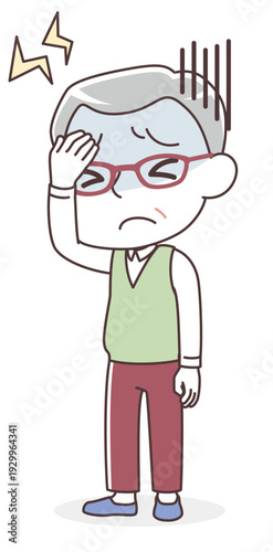 激しい頭痛に苦しむシニア男性（片頭痛・体調不良・発熱）