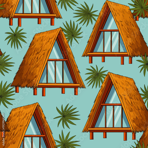 Seamless pattern of vibrant tropical A-frame bungalows with thatched roofs and lush palm leaves on a serene blue background, perfect for vacation and resort themes.