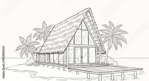 Hand-drawn sketch illustration of a picturesque tropical overwater bungalow with a traditional thatched roof, surrounded by palm trees on a serene island getaway.