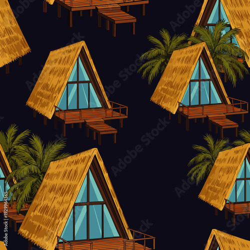 Seamless pattern featuring charming tropical A-frame bungalows with thatched roofs and palm trees, perfect for vacation, resort, and exotic travel themes.