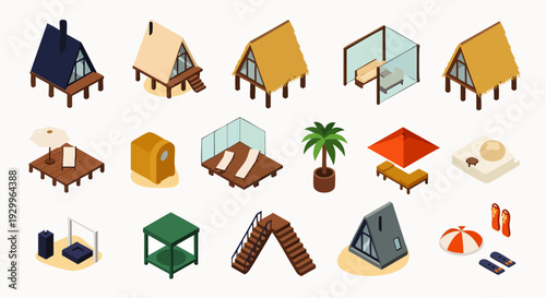 Isometric 3D outdoor resort and glamping elements set for vacation planning, includes A-frame cabins, lounge areas, umbrellas, and tropical decor.