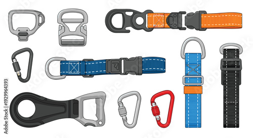 A collection of industrial safety gear including colorful nylon straps and metal carabiners is arranged on a white surface.